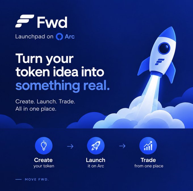 Promotional graphic for Fwd Launchpad on Arc with the tagline 'Turn your token idea into something real' showing a rocket and a Create → Launch → Trade flow.