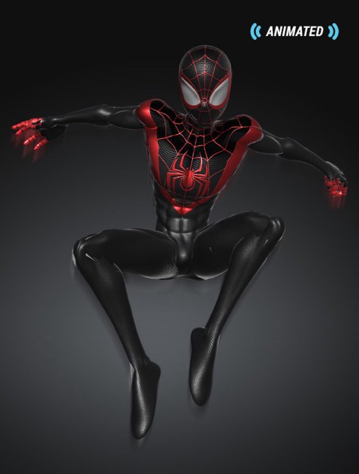 An animated Miles Morales Spider-Man figure in a crouching pose wearing the black and red suit, labeled 'ANIMATED' in the corner.