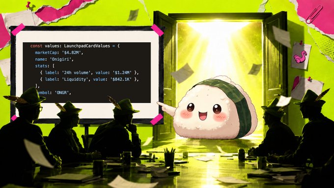 A cute anthropomorphic sushi roll mascot wearing an "Onigiri" label stands brightly in a green-lit doorway while silhouetted figures in hats examine code displaying "LaunchpadCardValues" for "Onigiri" with a $4.82M market cap, $1.24M 24h volume, and $842.1K liquidity—visually illustrating the "millions coded" tweet by depicting the onigiri-themed crypto project from sushi-labs/sushi's GitHub emerging as a financial success.