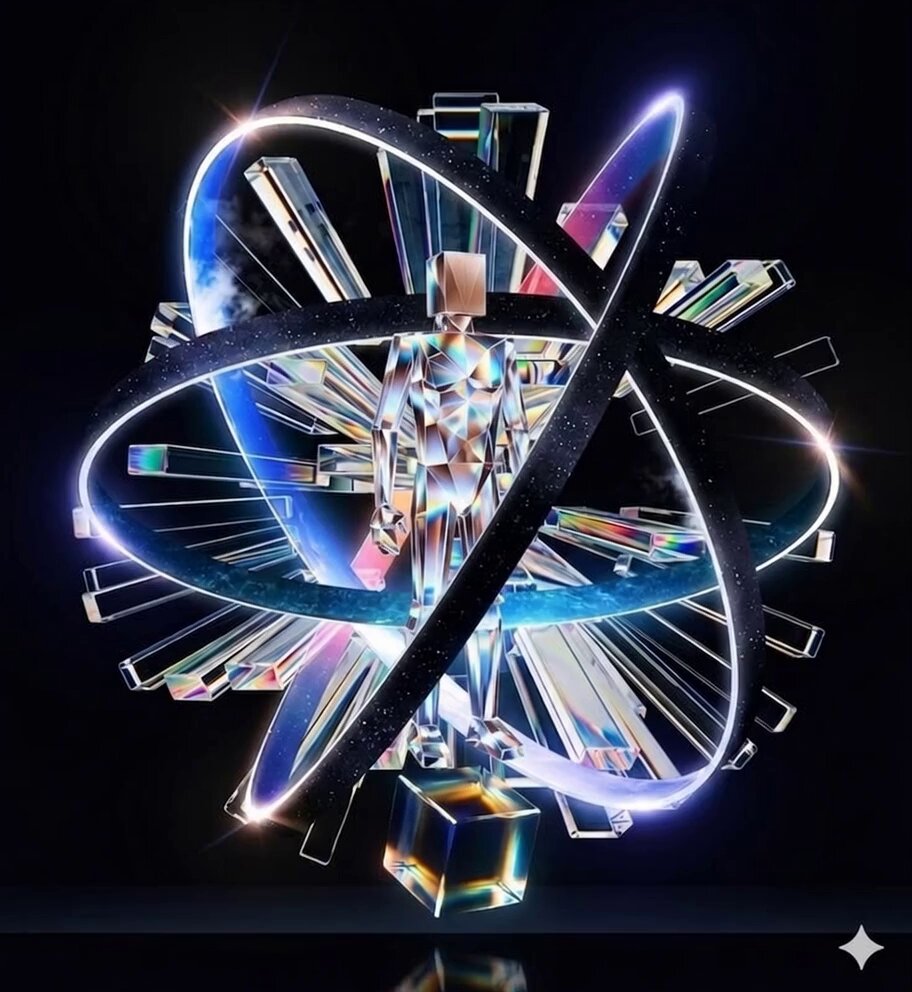 The image features a 3D rendering of a person wearing a crown, surrounded by various shapes and colors that create an abstract scene. The person appears to be standing in front of a cube with a star on top, which is located at the bottom right corner of the image. The background consists of black lines and shapes, adding depth and complexity to the overall composition. The caption below the image reads "@XPRNetwork @LOAN_Protocol".