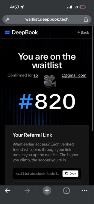 A DeepBook waitlist confirmation page showing position #820 with a referral link option to move up the waitlist.