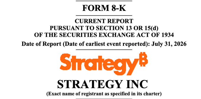 A SEC Form 8-K Current Report header for Strategy Inc. (formerly MicroStrategy) with the Strategy logo, dated July 31, 2026.