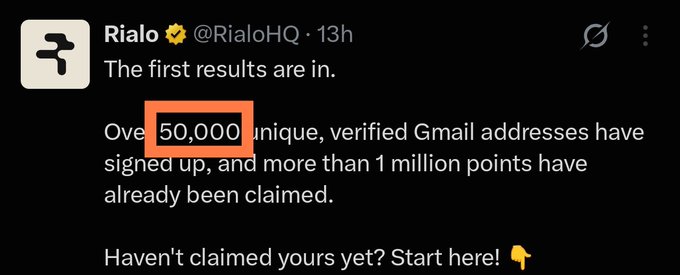 A tweet from Rialo (@RialoHQ) announces: 'The first results are in. Over 50,000 unique, verified Gmail addresses have signed up, and more than 1 million points have already been claimed. Haven't claimed yours yet? Start here!'