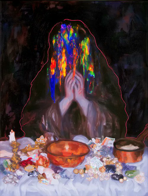 A painting depicting a hooded figure with hands covering their face, where the head area is filled with vibrant, dripping multicolored paint, surrounded at the base by an altar-like arrangement of crystals, pearls, candles, and a copper bowl.