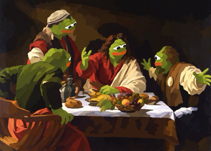 A digital painting depicting the famous parody of Leonardo da Vinci's "The Last Supper," featuring Kermit the Frog and other Muppet characters seated around a table with food and wine, rendered in a Renaissance art style.