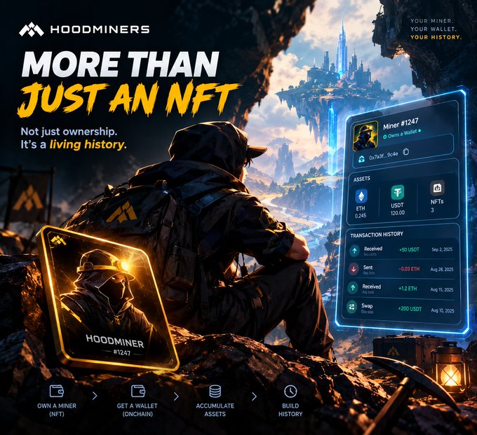 A promotional graphic for "HoodMiners" features a hooded miner character overlooking a futuristic castle, with a glowing digital wallet interface displaying Miner #1247 holding 0.95 ETH, 120.00 USDT, and 3 NFTs, alongside transaction history entries dated Aug-Oct 2025. The tagline "MORE THAN JUST AN NFT — Not just ownership. It's a living history" reinforces the post's message that each HoodMiner NFT functions as an onchain wallet that accumulates assets and transaction history, illustrating the "OWN A MINER > GET A WALLET > ACCUMULATE ASSETS > BUILD HISTORY" flow.