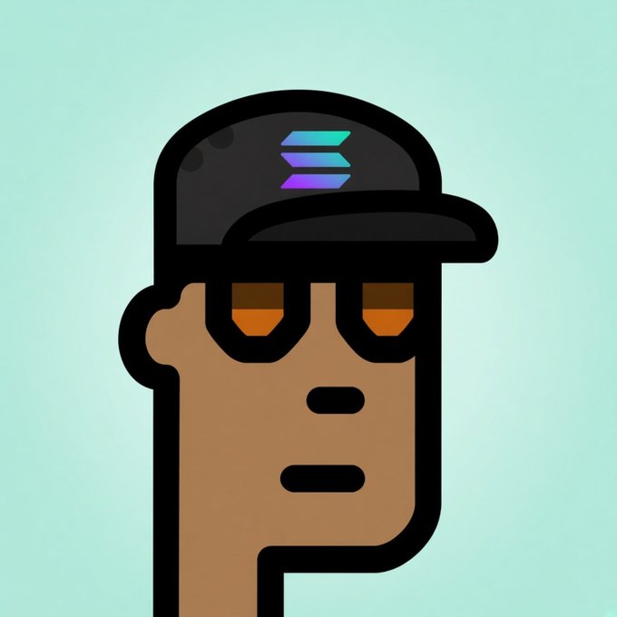 A minimalist cartoon illustration of a character with dark skin wearing a black cap featuring a teal and purple striped logo, set against a light teal background.