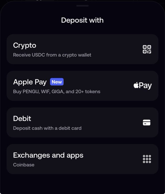A 'Deposit with' menu interface offering options including Crypto, Apple Pay (marked as New), Debit, and Exchanges and apps like Coinbase.