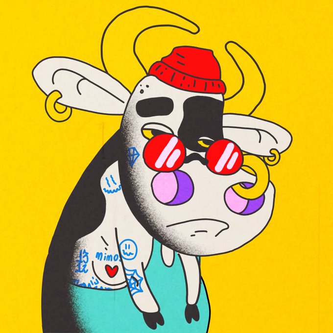 A cartoon cow character with tattoos, wearing a red beanie and red sunglasses with earbuds, set against a bright yellow background.