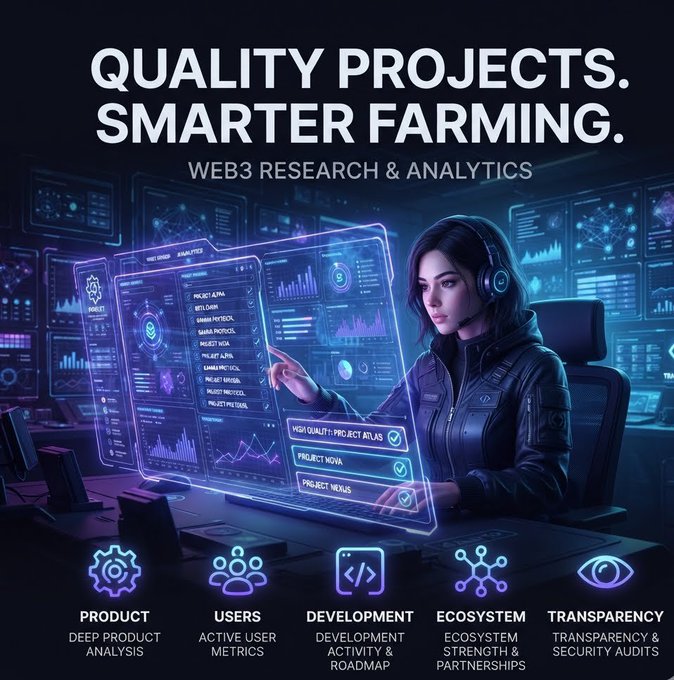 A futuristic advertisement reading 'QUALITY PROJECTS. SMARTER FARMING. WEB3 RESEARCH & ANALYTICS' featuring a woman with a headset analyzing holographic data screens, with icons for Product, Users, Development, Ecosystem, and Transparency.