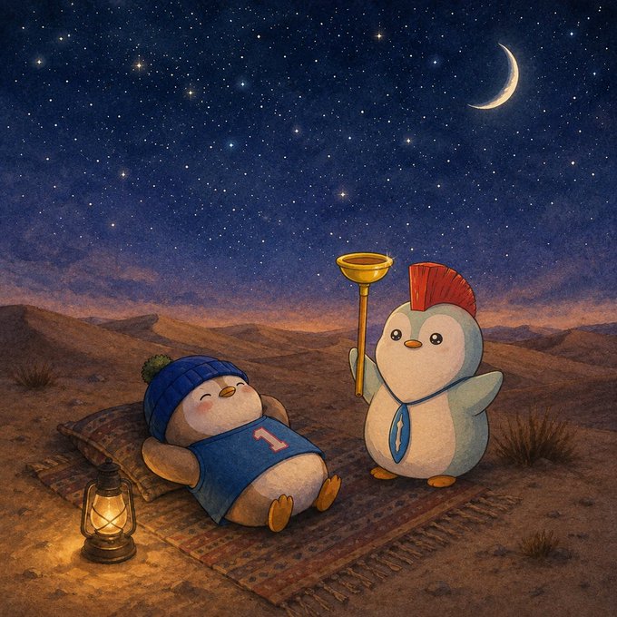 A whimsical illustration of two plush penguin toys under a starry night sky with a crescent moon; one wears a blue beanie and lies on a rug, while the other holds a horn.