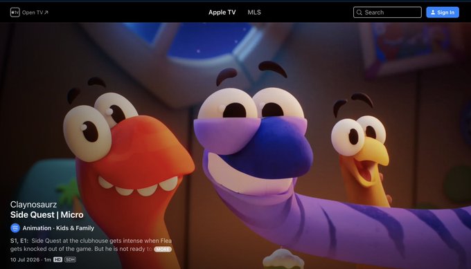 Apple TV MLS screenshot showing 'Claynosaurz: Side Quest | Micro,' an animated kids' show featuring colorful clay-like dinosaur characters.