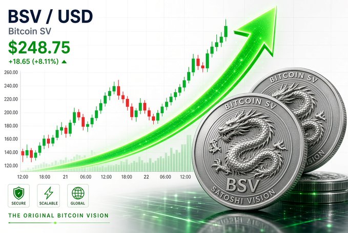 The image is a promotional graphic for Bitcoin SV (BSV/USD), showing the current price of $248.75 with an 8.11% gain, overlaid with a bullish green chart and physical BSV "Satoshi Vision" coins. It visually reinforces the post's claim of BSV's quiet but powerful upward momentum, contrasting BSV's strong performance with Bitcoin BTC's broader market attention.
