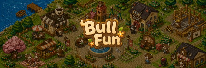 An isometric pixel-art illustration of a charming village scene featuring a 'Bull Fun Cafe' and 'Bull Fun House,' with the 'Bull Fun' logo prominently displayed in the center.