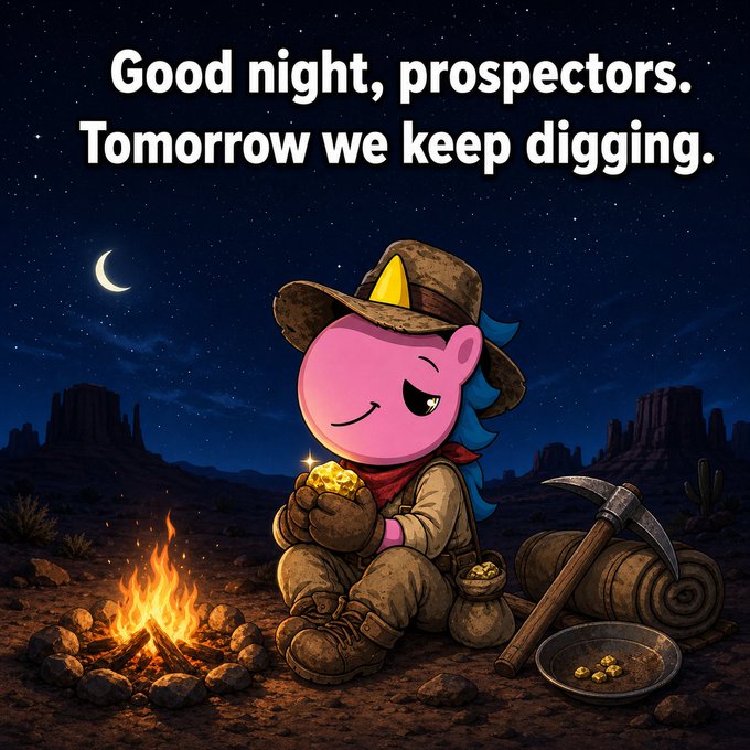 A pink cartoon unicorn character dressed as a prospector sits by a campfire holding gold, with text reading 'Good night, prospectors. Tomorrow we keep digging.'