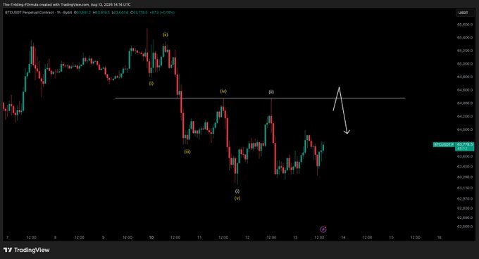 A TradingView 1-hour candlestick chart of BTCUSDT Perpetual Contract (on Bybit) displays Elliott Wave-style labeling with markings (i), (ii), (iii), (iv), (v), (i), and (ii) across price action, showing a current price around $63,776 with an arrow indicating anticipated further downside following a relief bounce.