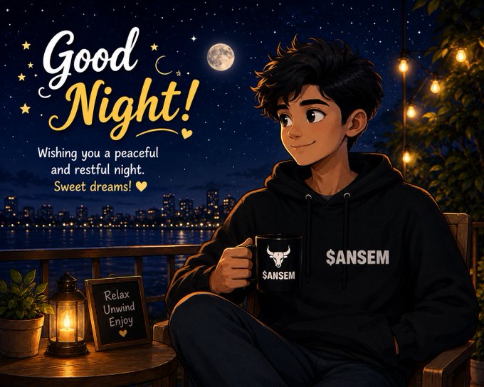An illustrated 'Good Night!' greeting card showing a young man in a black 'SANSEM' hoodie holding a mug against a starry night cityscape, with text wishing peaceful dreams and 'Relax, Unwind, Enjoy' on a chalkboard.