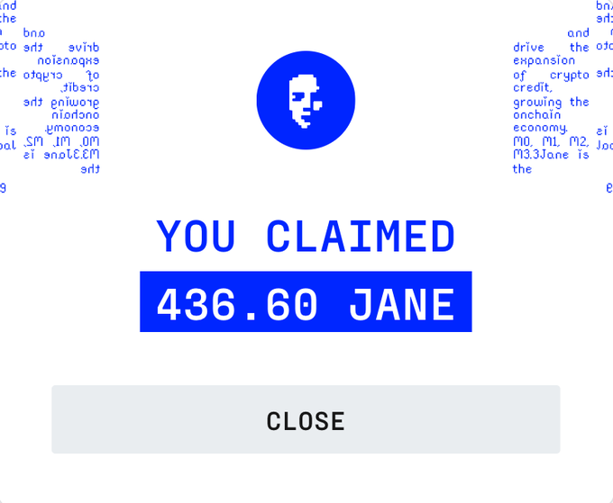 A digital graphic displays a pixelated face in a blue circle above the text "YOU CLAIMED 436.60 JANE," with a "CLOSE" button beneath.