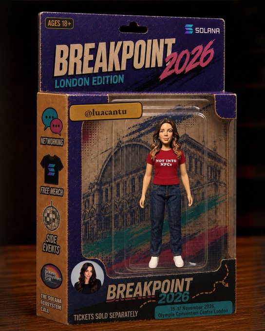 A promotional image designed as a toy box for 'Breakpoint 2026 London Edition' by Solana, featuring an action figure wearing a 'NOT INTO NFTs' shirt and event details for November 15-17, 2026.