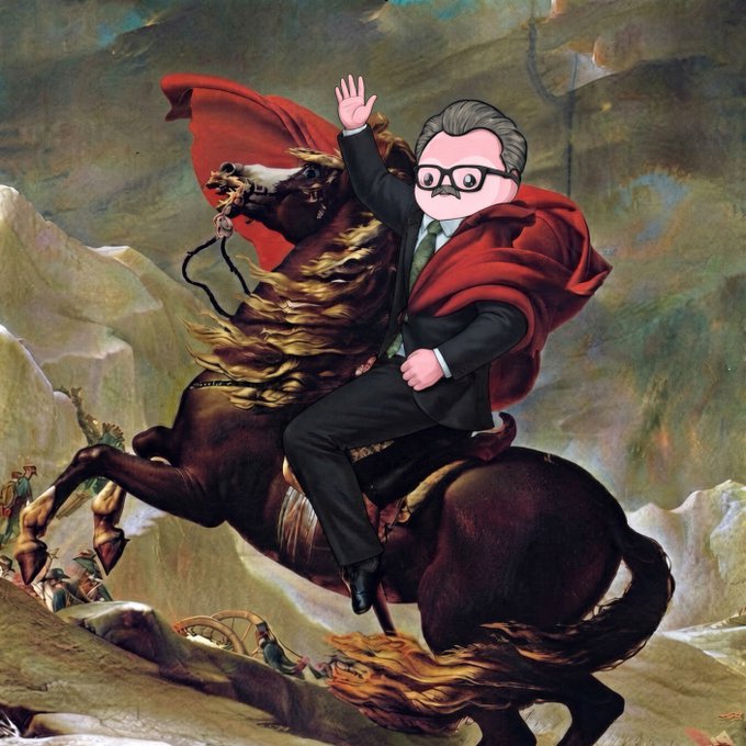 A classical painting of a man on a rearing horse in the Alps has been edited so the rider wears glasses and a mustache, with his face appearing as a cartoonish head.