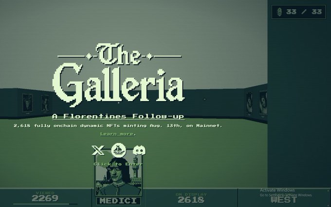 A pixel-art style webpage advertises 'The Galleria: A Florentines Follow-up' NFT collection, promoting 2,618 fully onchain dynamic NFTs minting on Mainnet with a Medici button to enter.