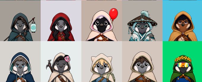 The image displays a 2‑row, 5‑column grid of ten cartoon bird characters, each wearing a distinct hooded outfit and accessory against solid‑colored backgrounds. These appear to be NFT avatars for the @therobinhoodxyz whitelist giveaway mentioned in the accompanying post.