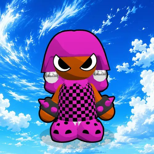 A 3D rendered character with a pink hood, angry eyes, silver earrings, and a pink-and-black checkered outfit stands against a bright blue sky with white clouds.