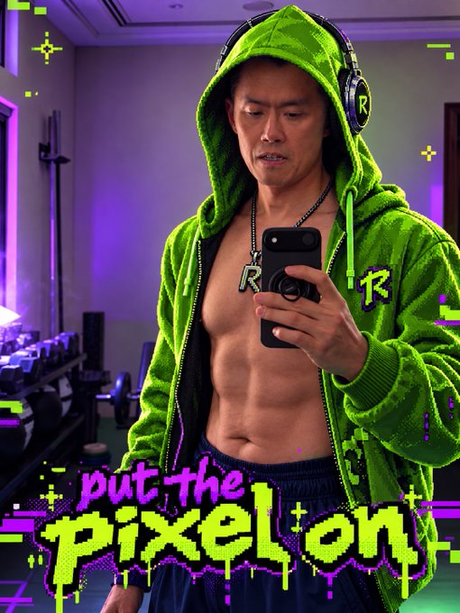 A digital illustration of a muscular man taking a mirror photo while wearing a green pixelated hoodie and headphones, accompanied by the text 'put the pixel on.'