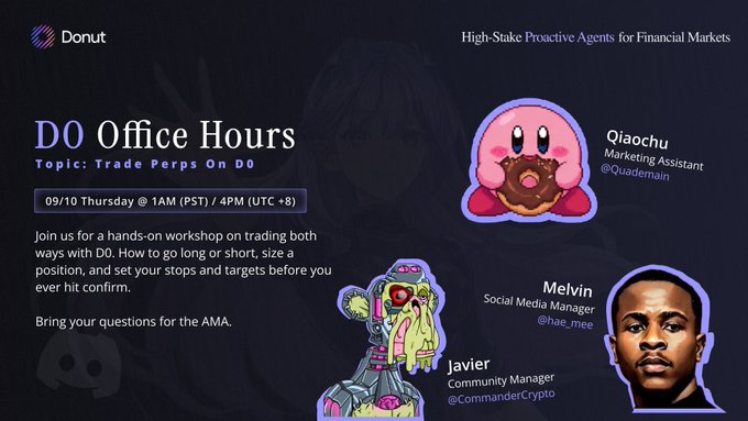 Promotional graphic for "D0 Office Hours" Episode 11, titled "Trade Perps On D0," scheduled for Thursday 09/10 at 1AM PST / 4PM (UTC+8), featuring hosts Jiaochu (Marketing Assistant), Melvin (Social Media Manager, @hae_mee), and Javier (Community Manager, @CommanderCrypto) in an AMA workshop on trading perpetuals on the D0 platform.