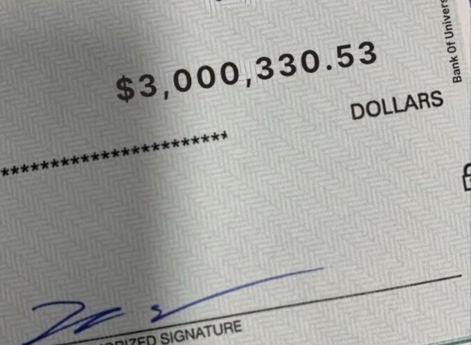 A close-up of a Bank of America check made out for $3,000,330.53, visually supporting the "first millionaire in your family" aspiration with a stylized, oversized check featuring a signature at the bottom.