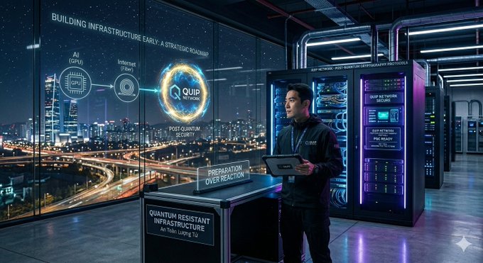 The image shows a man standing next to a desk with his laptop open, possibly working or browsing the internet. The room has large windows that provide an impressive view of a city skyline at night. The man appears to be focused on something on his laptop screen while enjoying the beautiful cityscape outside.