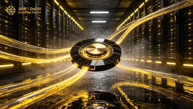 The image features a black and gold circle with a gold center that appears to be floating or hovering above a network of yellow lines. The background consists of multiple rows of computer servers, creating an impression of a large data center. The caption below the image reads "Arkie AI App connects every route into one smarter flow." This suggests that the image is related to a technology company named Arkie AI and their innovative approach to managing and optimizing network routes using artificial intelligence (AI) agents.