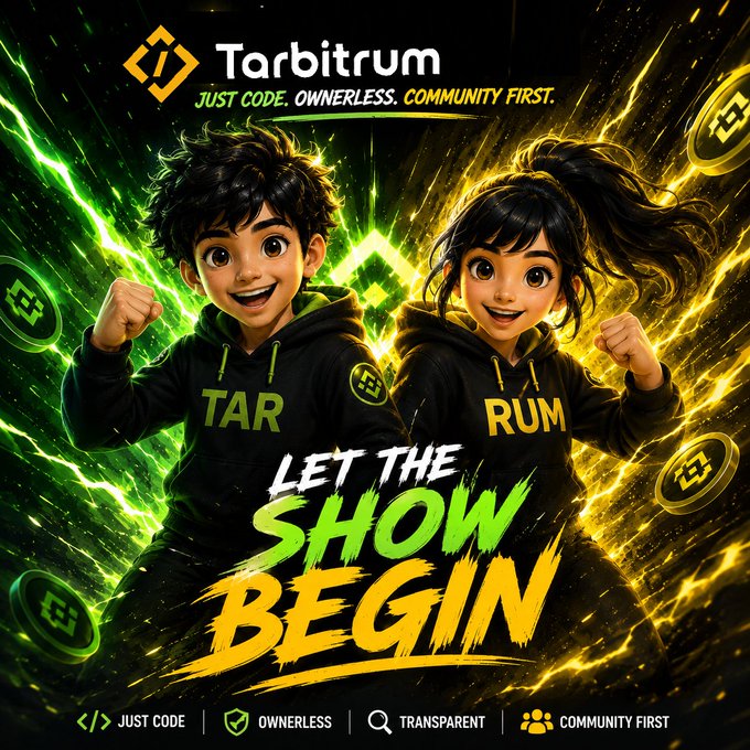 A vibrant promotional graphic for 'Tarbitrum' cryptocurrency with the tagline 'JUST CODE. OWNERLESS. COMMUNITY FIRST.' featuring two animated characters in black hoodies labeled 'TAR' and 'RUM' with text reading 'LET THE SHOW BEGIN'.