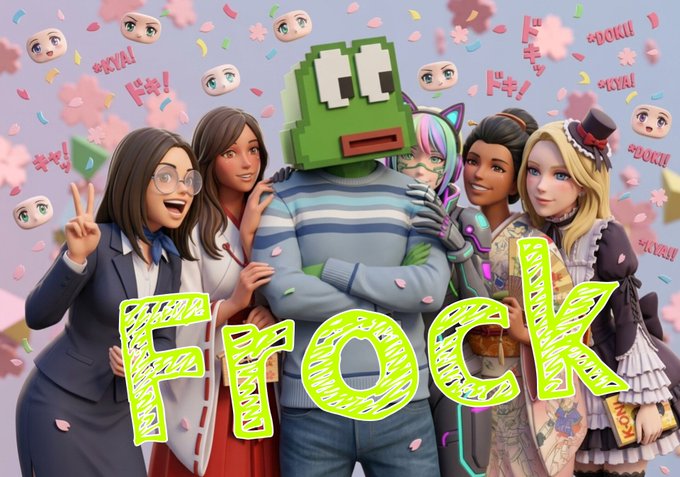 Promotional artwork for the video game 'Frock' features a group of anime-style female characters and a frog-headed figure surrounded by pink confetti and Japanese-style emoticons.