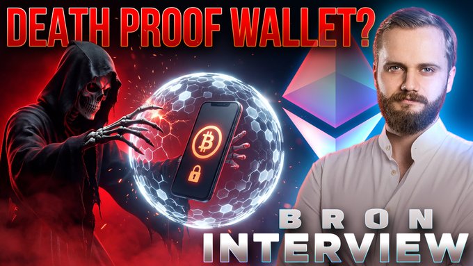 A YouTube thumbnail with the bold red text 'DEATH PROOF WALLET?' featuring a grim reaper figure holding a phone with a Bitcoin logo, Ethereum imagery, and a man on the right labeled 'BRON INTERVIEW'.