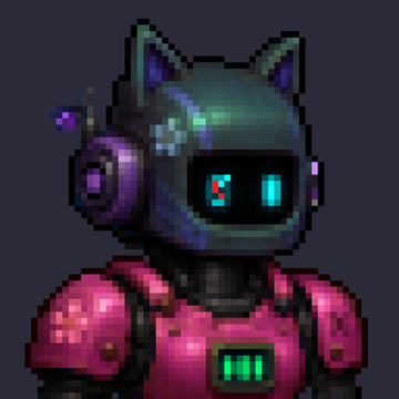 Pixel art of a robotic character wearing a pink and teal helmet with glowing cyan eyes and matching armor.