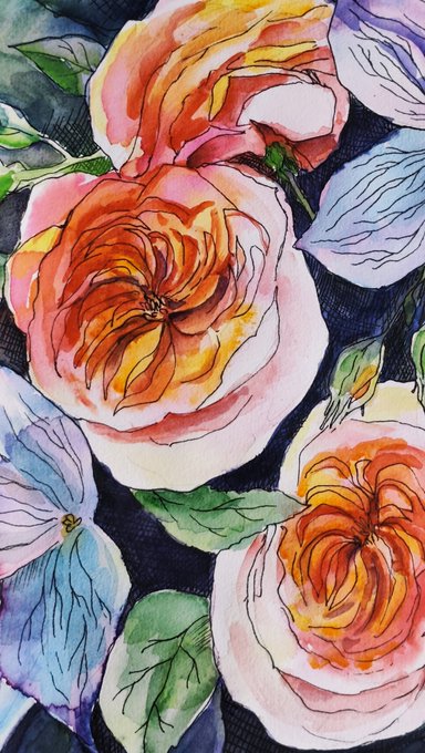 A vibrant watercolor and ink painting of roses in shades of orange, peach, and purple, along with green leaves.
