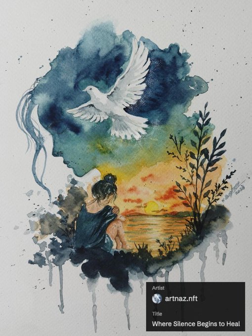 A watercolor artwork titled "Where Silence Begins to Heal" by artist artnaz.nft, depicting a figure sitting alone at sunset beside water, gazing up at a white dove in flight against a deep blue sky—capturing a quiet moment of retreat into nature for healing and reflection.