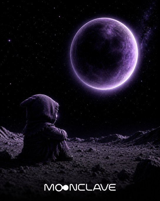 A hooded figure sits on a barren landscape gazing up at a large glowing purple moon in a starry night sky, with the text 'MOONCLAVE' displayed at the bottom.