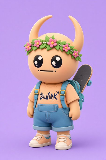 A 3D-rendered chibi-style cartoon character resembling a cute horned creature with a pink flower crown, wearing blue overalls over an orange t-shirt and carrying a skateboard on its back.