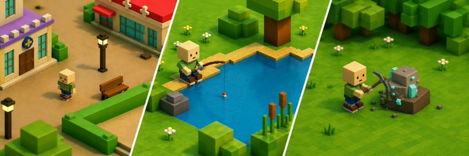 This voxel art banner for $Senkai depicts a character in a town, fishing, and mining, likely showcasing gameplay elements for the Moby platform.