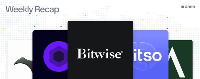 A graphic titled 'Weekly Recap' features a world map background and a row of logo cards, with the 'Bitwise' logo prominently centered.