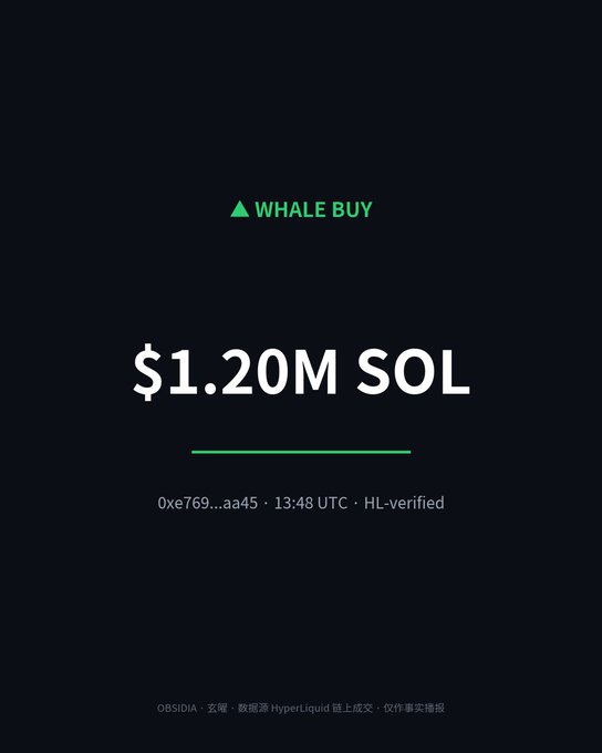 A dark cryptocurrency alert screen showing '▲ WHALE BUY' in green, '$1.20M SOL', with details '0xe769...aa45 · 13:48 UTC · HL-verified' and Chinese text at the bottom indicating data from HyperLiquid.