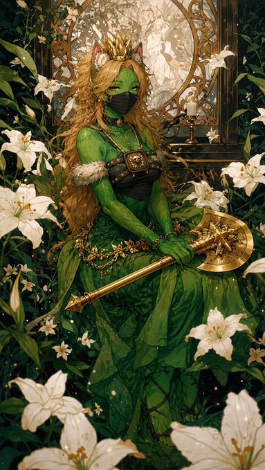 A fantasy illustration of a green-skinned, cat-eared female character wearing a mask and elaborate gold-trimmed dress, sitting among white lilies while holding a golden staff.