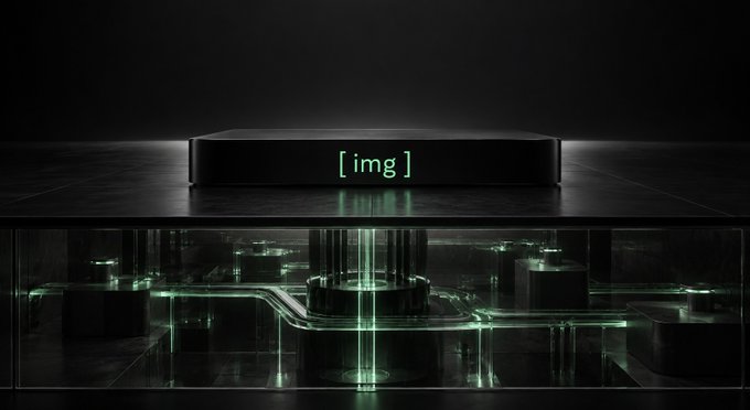 A sleek, futuristic product image of a black box labeled '[ img ]' with glowing green light emanating from a transparent base, revealing internal circuitry.