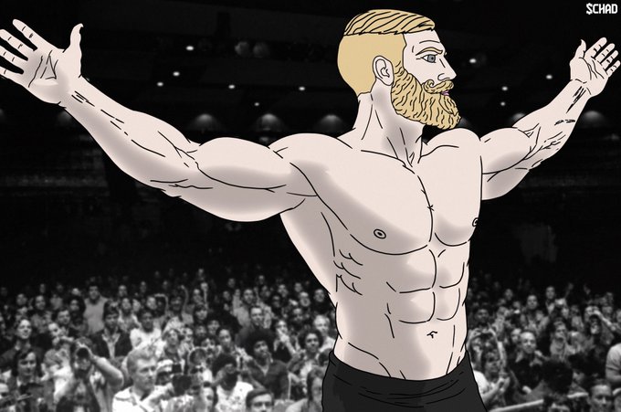 An illustrated Chad character with blonde hair, a beard, and a muscular physique stands with arms outstretched in triumph, layered over a black-and-white photo of a cheering crowd. The "SCHAD" watermark appears in the top right corner, symbolizing the meme's confident rise in the crypto space.

This image visually embodies the bold, unstoppable spirit of $CHAD—much like the iconic "Gigachad" meme that represents dominance and confidence. The triumphant pose mirrors the post's optimistic tone about the token's growth and future potential.