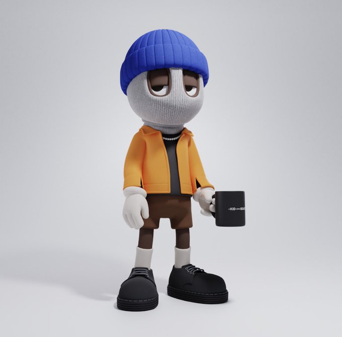 A stylized 3D cartoon character wearing a blue beanie, orange jacket, brown shorts, and black shoes holds a black mug, standing against a gray background. The mug displays partially visible text that appears to reference "akidcalledbeast," connecting to the post's mention of that project and its ongoing development.