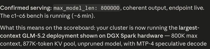 A terminal-style status update confirming a live GLM-5.2 deployment on a 4× DGX Spark cluster, highlighting key specs: 800K max context length, 877K-token KV pool, and MTP-4 speculative decoding. The caption notes this is the largest-context GLM-5.2 deployment shown on DGR Spark hardware, matching the post's announcement of scaling toward 1 million context tokens.