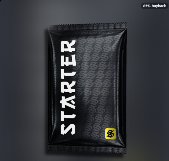 A black foil packet with 'STARTER' written vertically in white letters, a repeating grey pattern, a yellow '$B' logo, and an '85% buyback' tag in the corner.