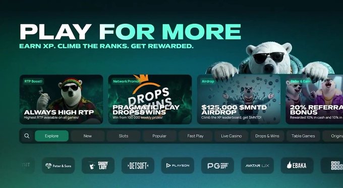 Promotional webpage banner reading "PLAY FOR MORE - EARN XP, CLIMB THE RANKS, GET REWARDED" featuring a polar bear mascot and game providers like Peter & Sons, SmartSoft, Betsoft, Playsoon, PG Soft, Avatar UX, and EBAKA.
